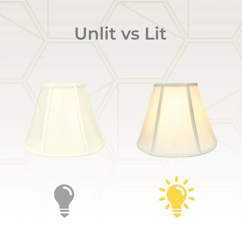 Eggshell Empire Lamp Shade 9 x 18 x 14 Inch Silk Type Shantung Fabric With Off White Lining shown unlit and lit.