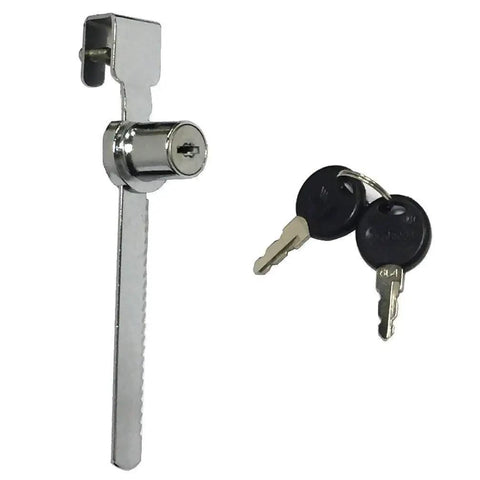 Sliding Glass Door Ratchet Lock In Chrome Finish with keys, Keyed Alike For Showcase Displays, Easy Clamp On Install