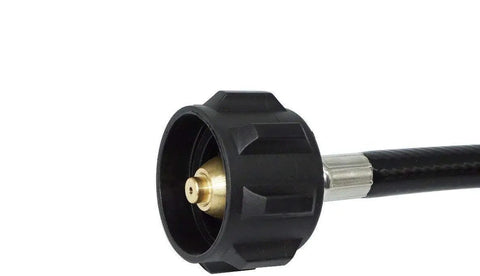 Close-up of 4 Feet Propane Adapter Hose 1 Lb To 20 Lb Converter For QCC1 Type1 Tank with durable brass fittings