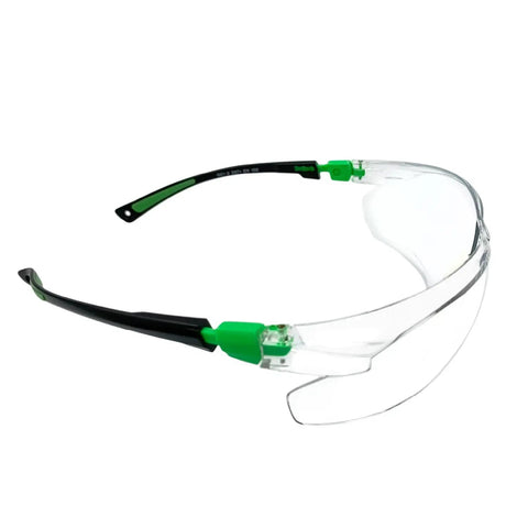 Rock Solid Pair Of Uv Shielding Safety Glasses With Anti Fog Scratch Proof Wraparound Lenses angled view with clear lens and green accents.