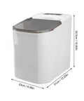 Fast Freeze Countertop Ice Maker Delivering Quick Snap Cubes And No Fuss Automatic Cooling With Portable Compact Design, shown from the front with dimensions.