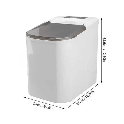 Fast Freeze Countertop Ice Maker Delivering Quick Snap Cubes And No Fuss Automatic Cooling With Portable Compact Design, shown from the front with dimensions.