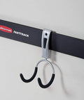 Powder Coated Metal FastTrack Garage Hooks Set Universal Hanging Organizer mounted on black rail