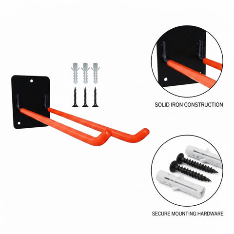 Heavy Duty Iron Tool Rack For Garage Organization, Vertical Wall Mount Storage For Shovels and Brooms, Orange Finish Hanger