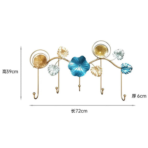 Rock Tight Wrought Iron Wall Hook For Sleek Nordic Style And Snug Door Storage That Locks In Keys Bags And Jackets Without A Sweat While Serving Heavy Duty Swag On Your Front Porch, gold and blue design, 39cm height, 72cm width.