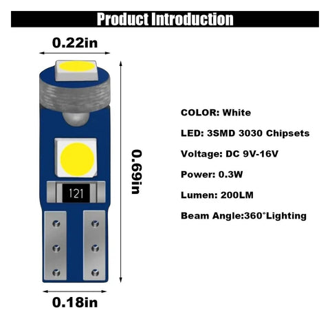 T5 LED Bulbs 12V Replacement For Car Dashboard Lights Canbus Error Free White 2721 3030 SMD Bright Dope Pack Of 12 Gauge Cluster Instrument Panel Indicators; image showing bulb size and specifications.