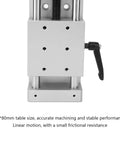 Rugged Linear Stage With 50mm Travel, Manual Cross Slide Rail For CNC Positioning And Fixturing, Precision Sliding Table For Lab, Workshop Or Production Equipment, Great For Fine Tuning Displacement And Fixture Alignment, 80x80mm aluminum side view with hand lever