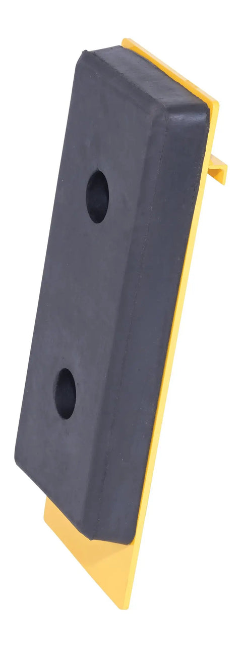 FCB-818 Class II Fork Truck Carriage Bumper with molded rubber and steel, black and yellow finish, side view showing mounting plate