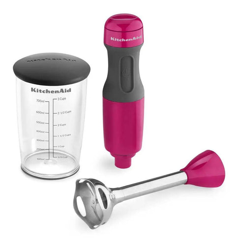 Hella Convenient 2 Speed Hand Blender With Slick Soft Grip Handle Built For Effortless Soups And Smoothies Featuring UltraLight 8 Inch Blending Arm And Roomy 3 Cup Bpa Free Jar In Bold Cranberry components including blending arm and measuring jar.