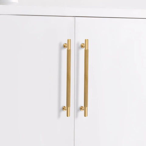 Top Tier Solid Brass Cabinet Pulls Brushed Matte Gold Furniture Hardware Seven And A Half Inch Long Drawer Knobs on white cabinets.