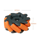 Front view of mecanum wheel module with orange rollers and black center hub; 64.5mm diameter, 30.4mm thickness