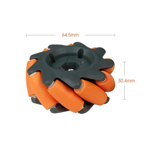 Front view of mecanum wheel module with orange rollers and black center hub; 64.5mm diameter, 30.4mm thickness