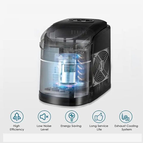 Portable Countertop Ice Maker Electric Machine Whip Up Fresh Cylindrical Cubes In Minutes with visible cooling system and features.