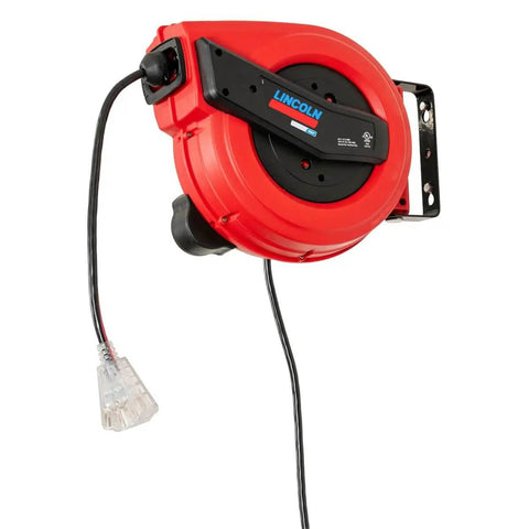 Lincoln Workhorse Heavy Duty 60 Foot Tri Tap Electric Power Cord Reel With 12 3 SJTOW, Grease Oil And Weather Resistant, wall mounted