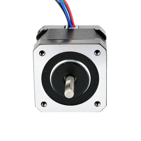 NEMA 17 bipolar stepper motor with silver faceplate, black housing, protruding shaft and four colored wires