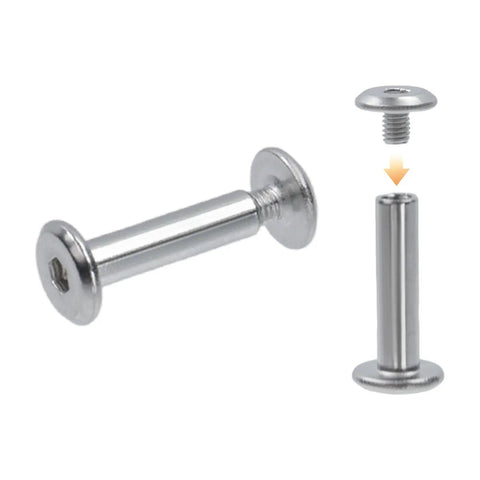Rock Solid Pro Grade Stainless Steel Barrel Nuts And Bolts Kit With Hex Binding Post Screws And Rust Proof M3x16mm Hardware close-up of hex socket barrel nut and bolt.