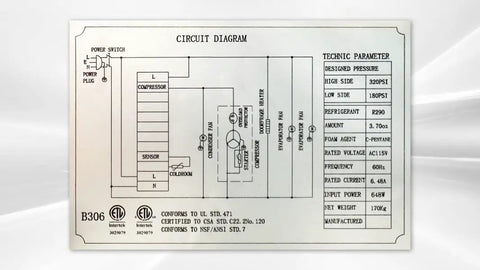 Circuit diagram for Heavy Duty Commercial Workhorse Food Prep Table Refrigerator With Three Door Stainless Steel Mega Top, 17 Cubic Feet.