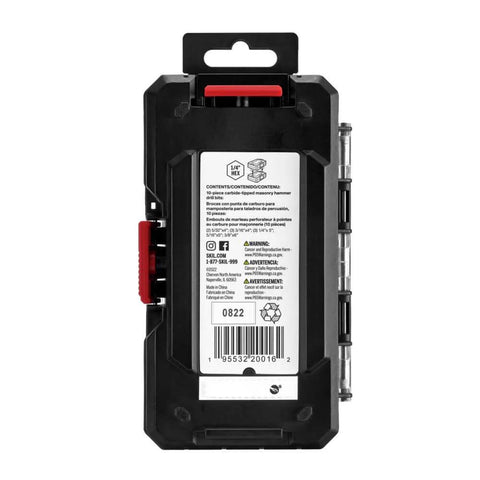 SKIL 10-piece hex shank carbide hammer drill bit set in black case with red latch (back view)