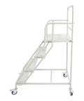 Industrial Four Step Rolling Ladder With Smooth Glide Casters And Non Slip Treads For Daily Shop Grinds Climb Up Easy To Grab Those High Shelves Without Breaking A Sweat Handles 880 Pounds Of Heavy Equipment Securely side view with locking casters.