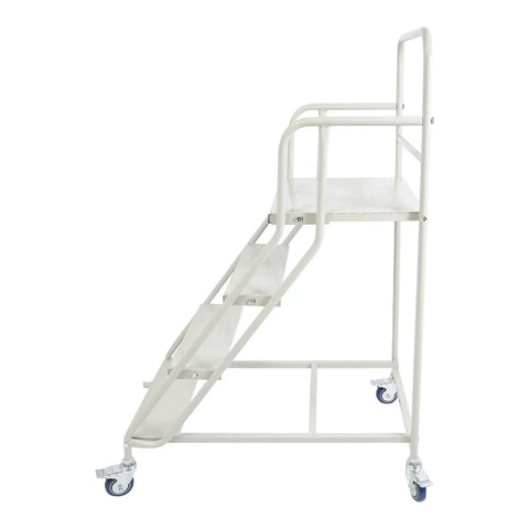 Industrial Four Step Rolling Ladder With Smooth Glide Casters And Non Slip Treads For Daily Shop Grinds Climb Up Easy To Grab Those High Shelves Without Breaking A Sweat Handles 880 Pounds Of Heavy Equipment Securely side view with locking casters.