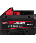 M18 Redlithium Forge 8.0 Ah Rechargeable Battery Pack Featuring Cool Cycle Active Cooling And High Output 12.0 side view with red accents