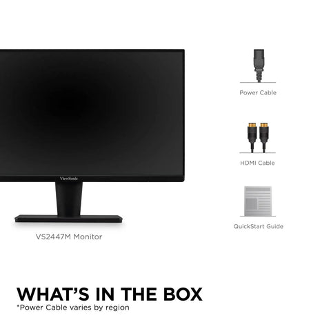 Front view of 24 Inch Full HD 1080p Monitor With 100Hz Refresh Rate For Smooth Gaming And Office Productivity Eye Care With Flicker Free Blue Light Filter Narrow Bezel HDMI And VGA Inputs Ideal For Home Office Or Workspace, with included cables and guide.