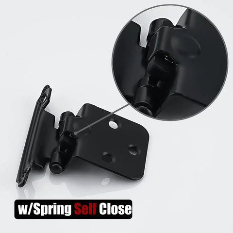 Half Inch Overlay Cabinet Door Hinges Black 60 Pack 30 Pairs Flush Face Mount Self Closing Kitchen Hinges With Door Bumper And Stainless Steel Screws CH200 BK P60 close-up of black hinge detail with spring self-close feature
