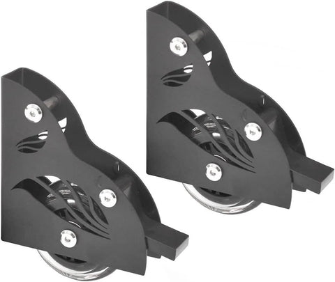 Close-up of bottom wheels from a 10Ft Sliding Library Ladder Hardware Kit For Home Office With Bottom Wheels And Brakes, 300 Lb Max Load, Complete Track And Wall Connector Set, Ladder Not Included.