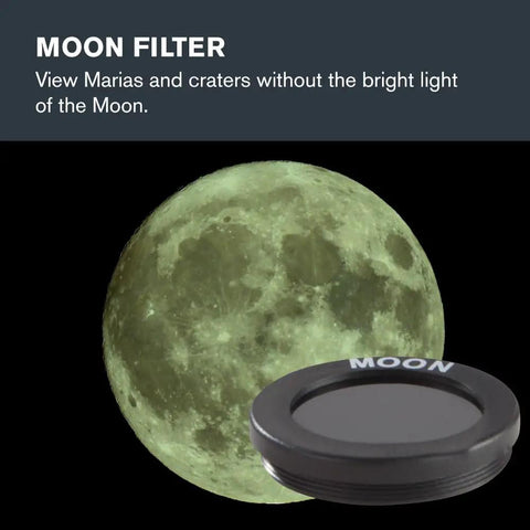 AstroMaster Beginner Friendly Eight Piece Eyepiece And Filter Kit moon filter with moon backdrop, enhances lunar viewing.