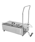 Game Changer 55L Commercial Oil Filter Machine With Stainless Steel Fryer Tank And Foldable Cart, rear view with handle.
