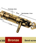 Heavy Duty Solid As A Rock Pure Copper Barrel Bolt Sliding Door Latch With Padlock Compatible Vintage Gate Lock shown with dimensions.