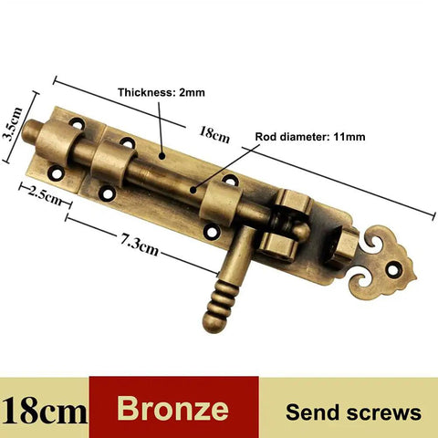 Heavy Duty Solid As A Rock Pure Copper Barrel Bolt Sliding Door Latch With Padlock Compatible Vintage Gate Lock shown with dimensions.