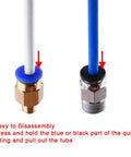 Pair of PC4 PTFE tube push-fit fittings (brass and stainless) with blue and silver tubes for 3D printers.