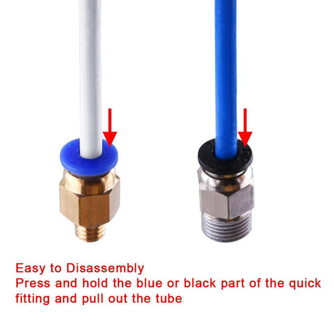 Pair of PC4 PTFE tube push-fit fittings (brass and stainless) with blue and silver tubes for 3D printers.