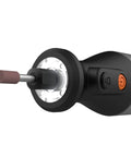 Close-up of 8V Cordless Rotary Tool with Internal Battery, featuring LED work light, lightweight grip, and speed control switch.