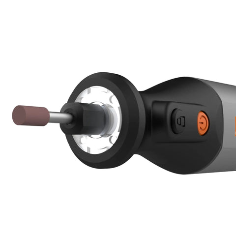 Close-up of 8V Cordless Rotary Tool with Internal Battery, featuring LED work light, lightweight grip, and speed control switch.