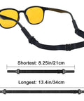 No Tail Adjustable Glasses Strap For Kids And Adults That Stays Put And Keeps Sunglasses From Slipping Around Your Neck Silicone Eyewear Holder Black 3 Pack shown with adjustable length dimensions