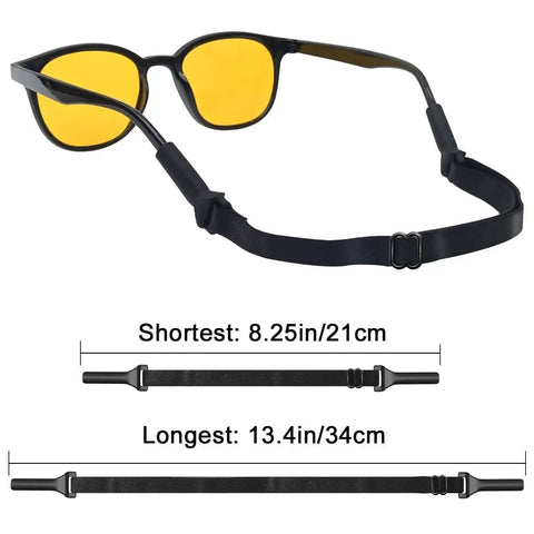 No Tail Adjustable Glasses Strap For Kids And Adults That Stays Put And Keeps Sunglasses From Slipping Around Your Neck Silicone Eyewear Holder Black 3 Pack shown with adjustable length dimensions