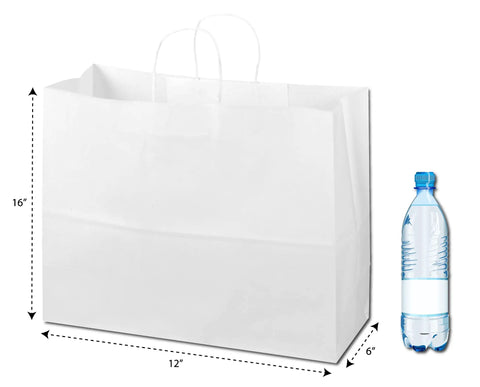 Custom Printed White Kraft Paper Bags 16 By 6 By 12 Inches With Twisted Handles Square Bottom Stand Up Design 100 Pack For Shopping Gifts Parties Merchandise Trade Shows And Events