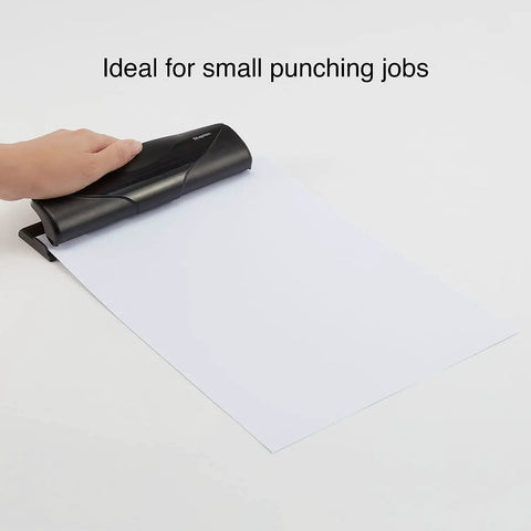 Mini 3 Hole Punch, 6 Sheet Capacity, Portable Desktop Hole Punch For Home Office Or School, being used on blank paper