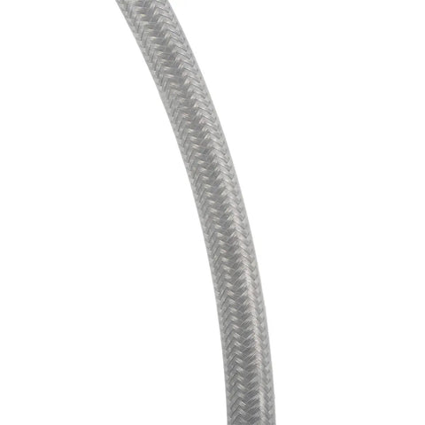 Close-up of braided hydraulic brake hose texture, showcasing durable silver braid for brake fluid transfer, high pressure and heat resistance.