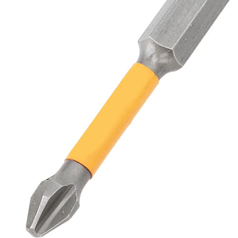 Get These Awesome Impact Driver Bit Sets Made From S2 Alloy Steel! This 5 Piece Magnetic Screwdriver Bits Kit Is Totally Built For Tough Jobs And Fits Your Power Drills Perfectly. Whether You Are A Pro Or Doing Diy Stuff At Home, You Will Love The Heavy. close-up of Phillips impact driver bit with yellow sleeve