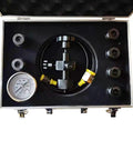Pro Grade All In One Hydraulic Pressure Test Kit For Nitrogen Charging And Gas Valve Testing 7 In 1 Tool in carrying case.