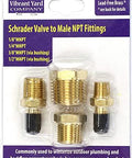 Schrader Valve to Male NPT Fittings set in blister pack; brass adapters with black ends, four MNPT sizes; Vibrant Yard Company