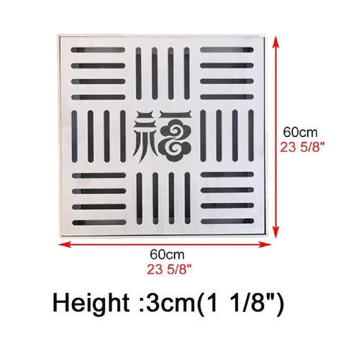 Smooth Operator 304 Stainless Steel Square Shower Drain Cover And Yard Catch Basin Grate 60cm x 60cm with decorative pattern.