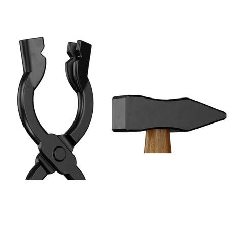 17 Inch Carbon Steel Blacksmith Tongs Set, 2 Piece Pro Grade Forging Tongs details with durable jaws and heavy-duty hammer