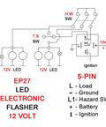 Wiring diagram for EP27 5-Pin LED Flasher Relay, for Ford F-Series trucks, showing connections for load, ground, and ignition.