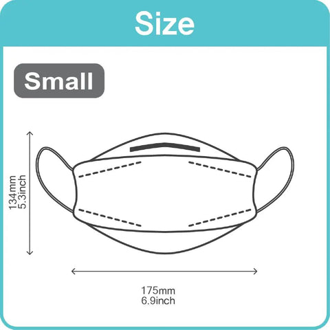 KF94 Face Mask 50 Pack For Kids And Small To Medium Faces Made In Korea English Packaging, size diagram showing dimensions