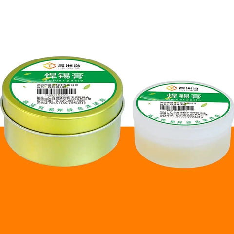 Two size options of lead free soldering flux paste for precise joints in phones and computer hardware repair, iron rosin formula in tins.