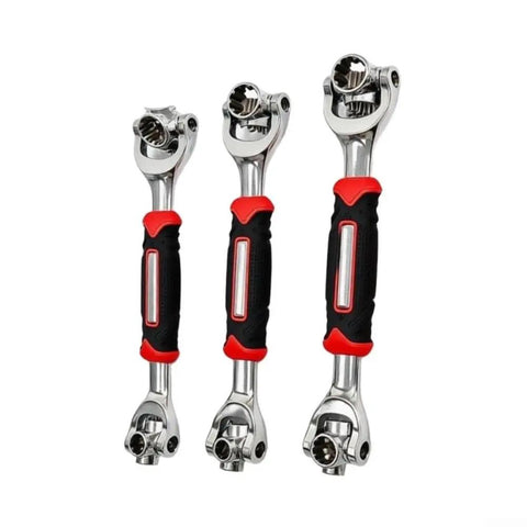 Heavy Duty Swivel Socket Wrench Set 8mm To 21mm, three wrenches with black and red rubber grips, ideal for tight spaces.
